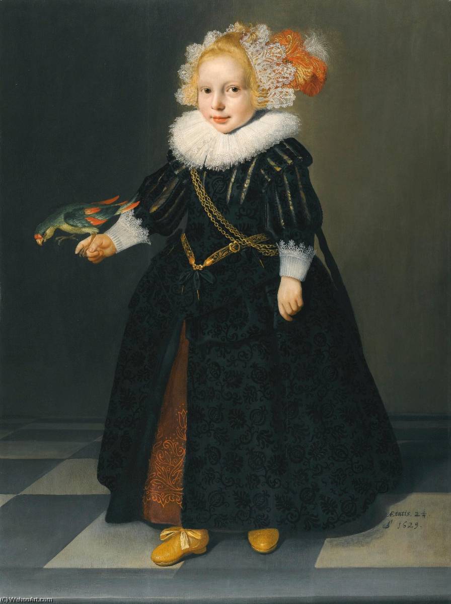 Portrait Of A Child, Aged 2¼, Full Length Standing In An Interior, Holding A Parrot — Dirck Dircksz Van Santvoort