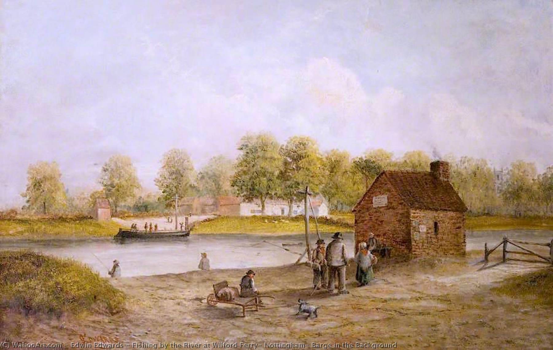Fishing By The River At Wilford Ferry, Nottingham, Barge In The Background — Edwin Edwards