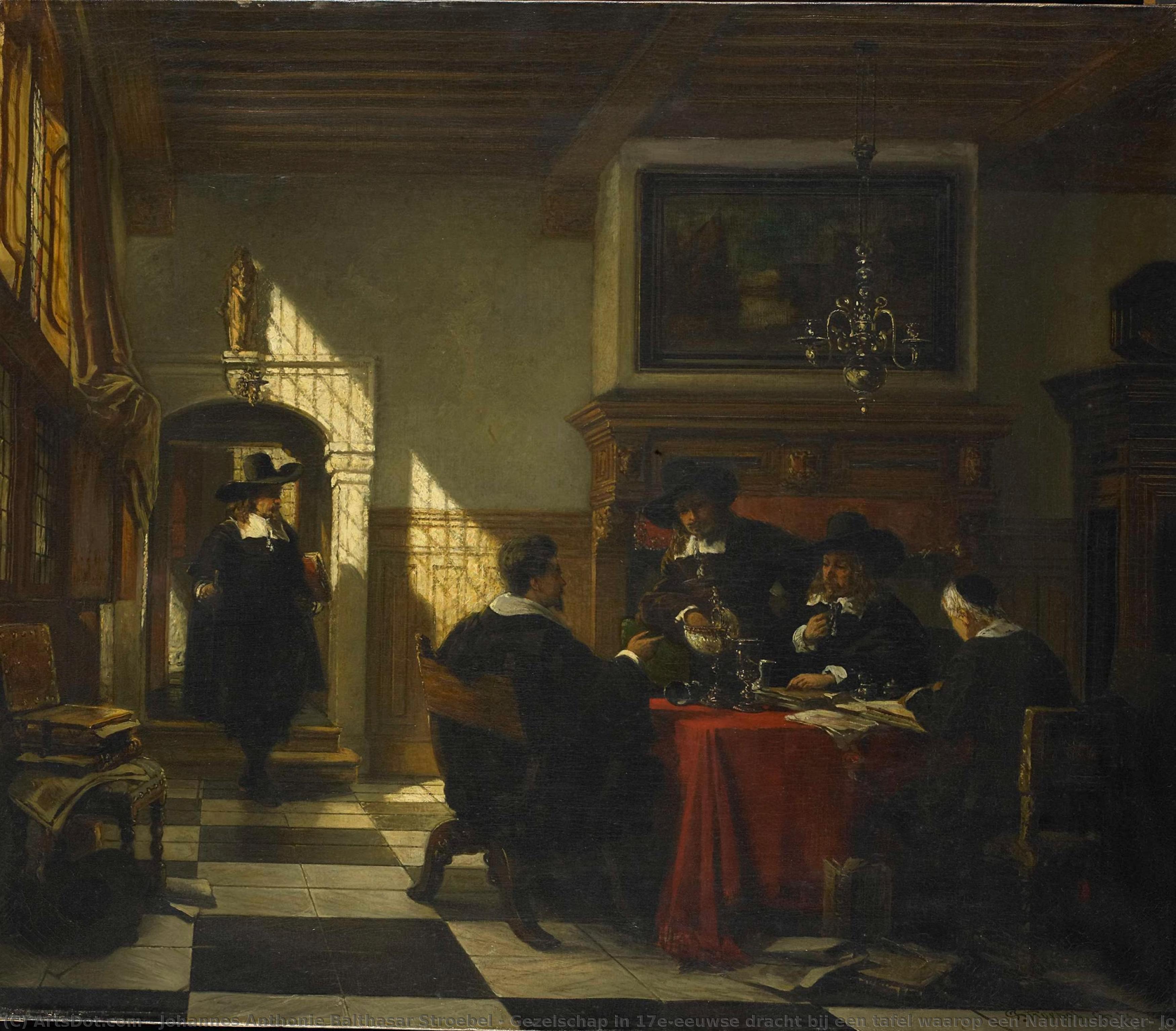 Gezelschap In 17e-eeuwse Dracht Bij Een Tafel Waarop Een Nautilusbeker, Johannes Stroebel, 1873 — Johannes Anthonie Balthasar Stroebel