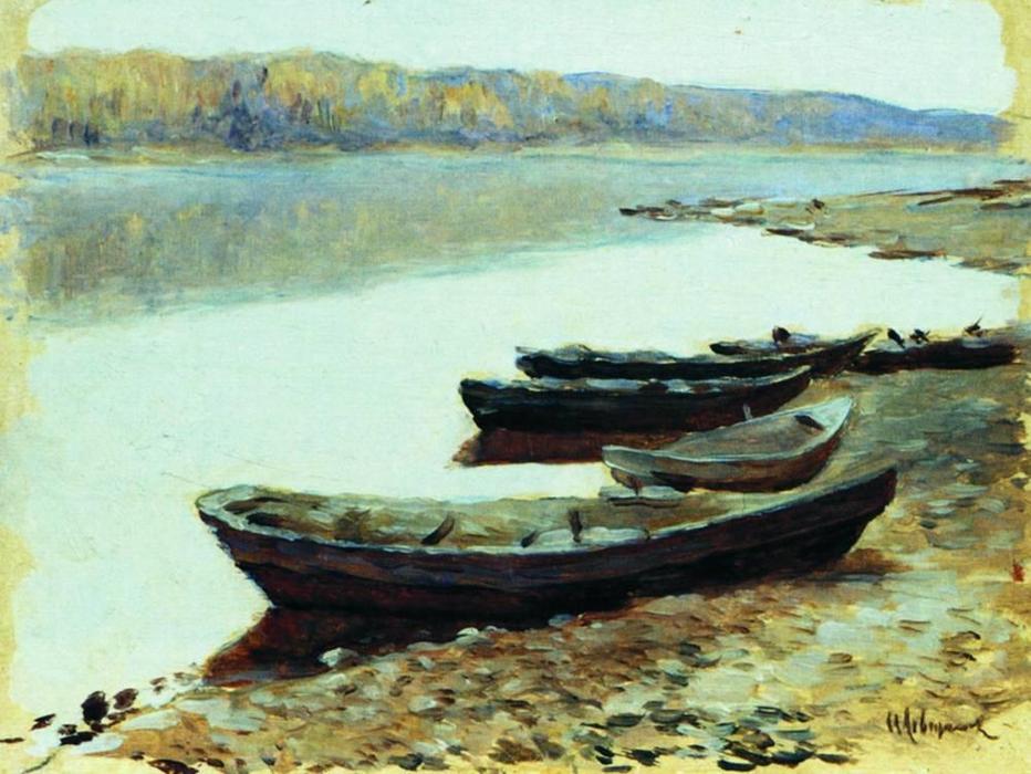 Landscape On Volga. Boats By The Riverbank. — Isaak Ilyich Levitan