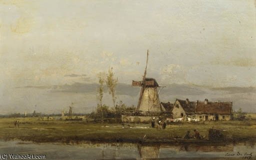 Washerwomen At Work By A Windmill — Cesar De Cock