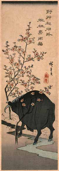 Cow In Peach Garden — Ando Hiroshige