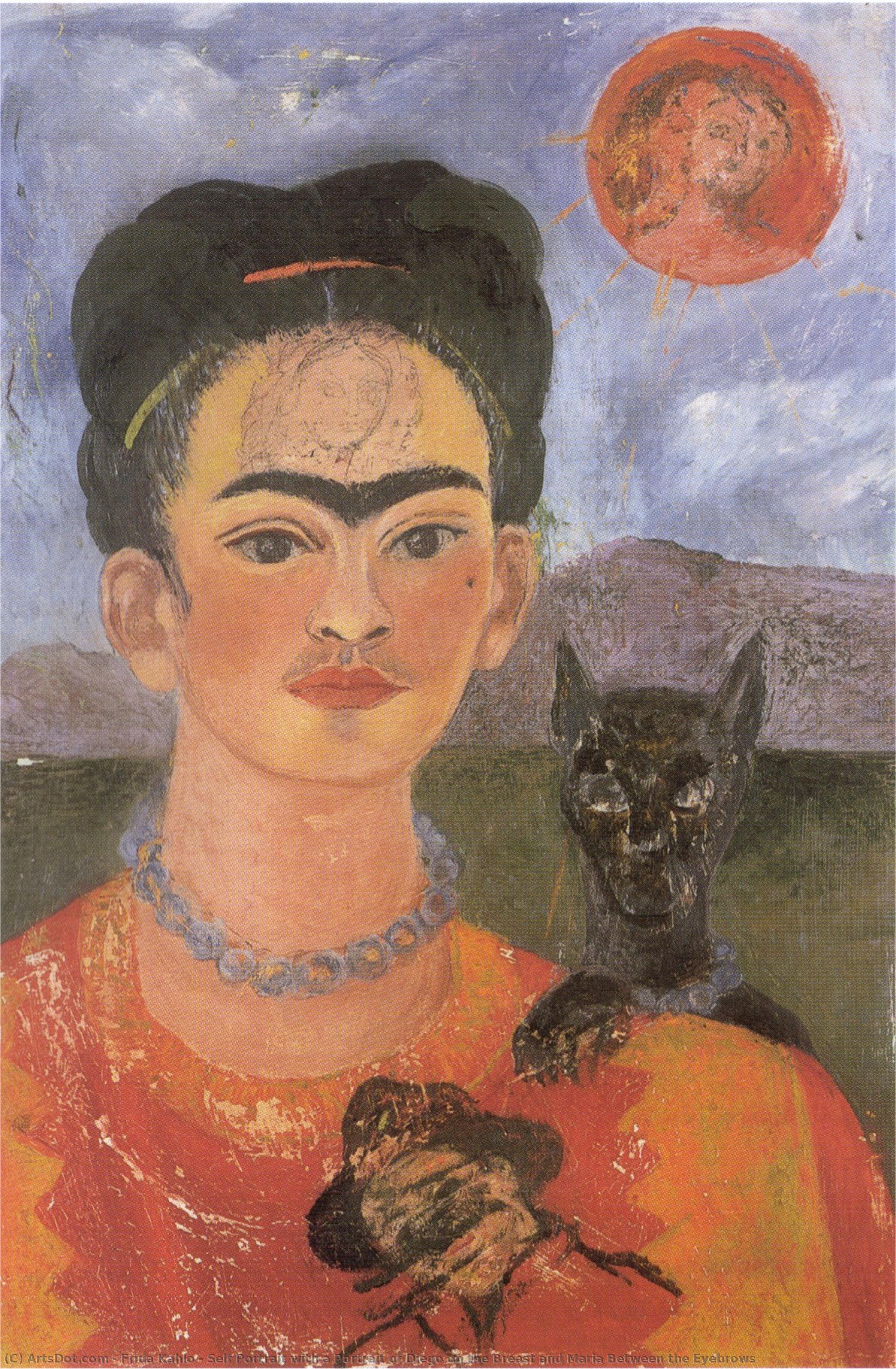 Selbstporträt Mit Einem Porträt Von Diego Auf Der Brust Und Maria Zwischen Den Augenbrauen — Frida Kahlo