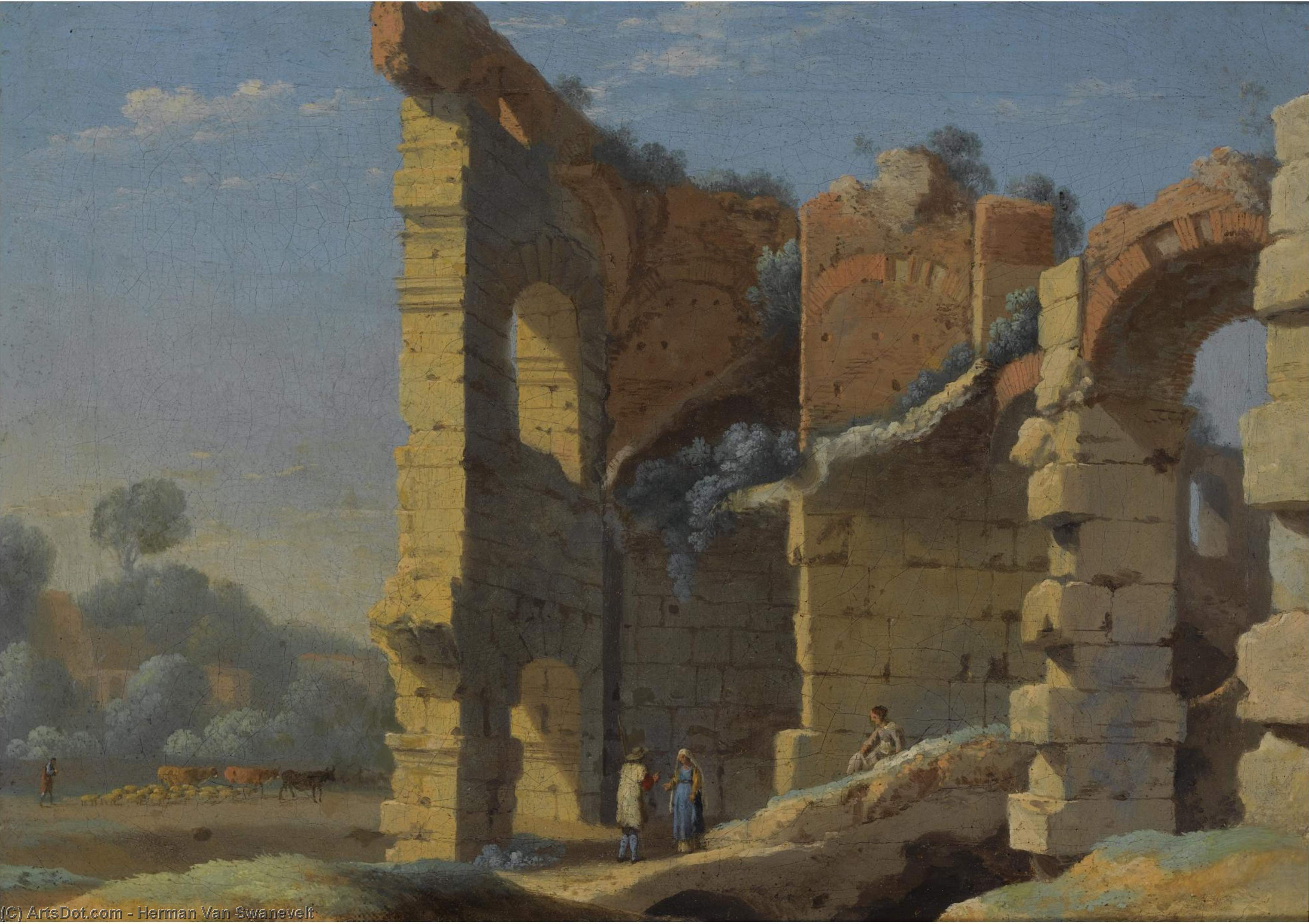An Italianate Landscape With Figures Conversing Near Ancient Ruins — ヘルマン・ファン・スワネヴェルト