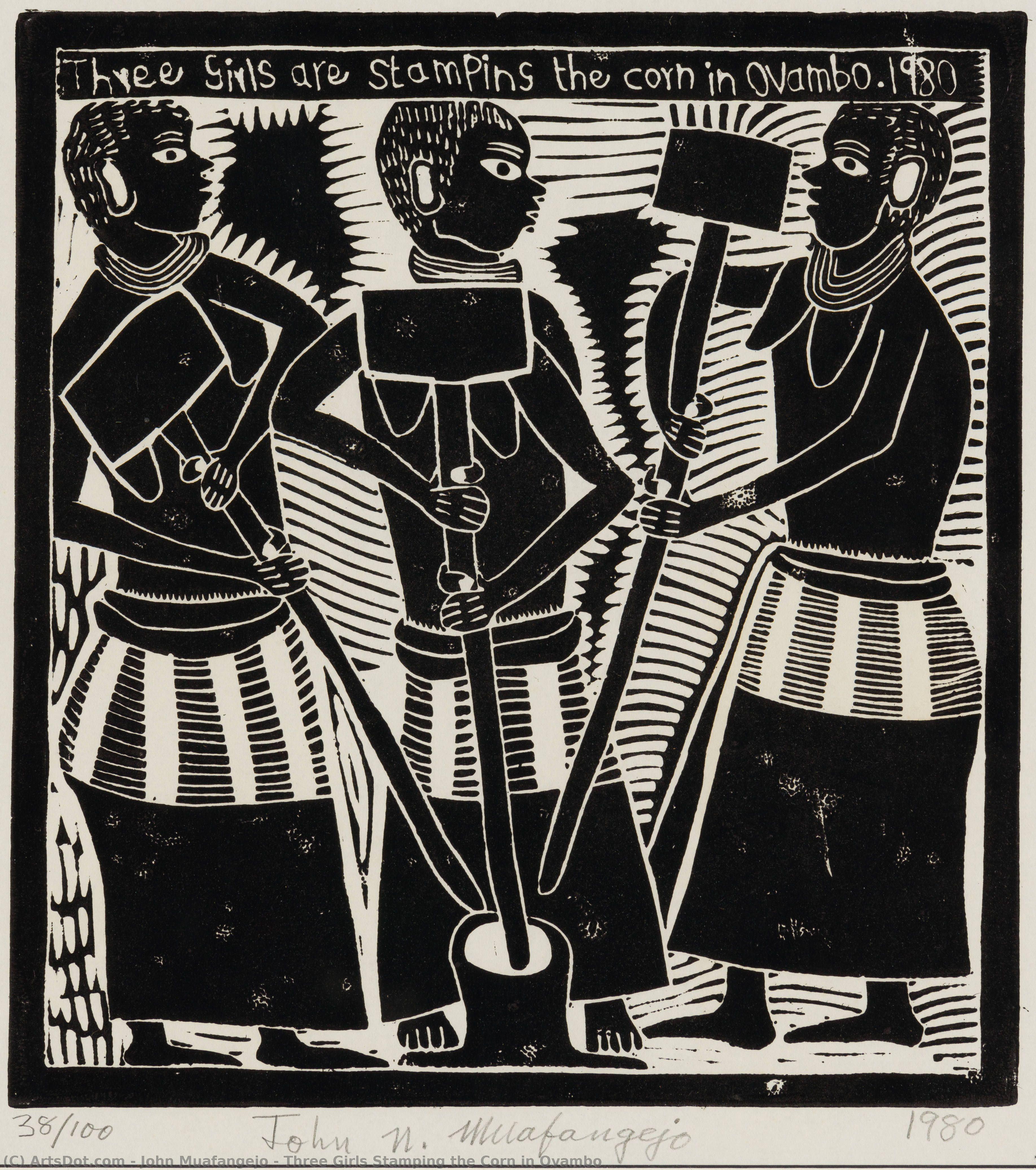 Three Girls Stamping The Corn In Ovambo — John Muafangejo