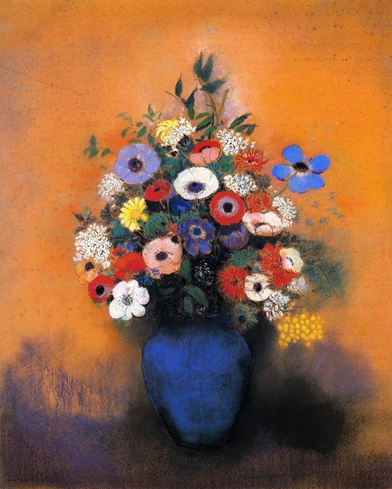 Minosas, Anemonies And Leaves In A Blue Vase — Odilon Redon