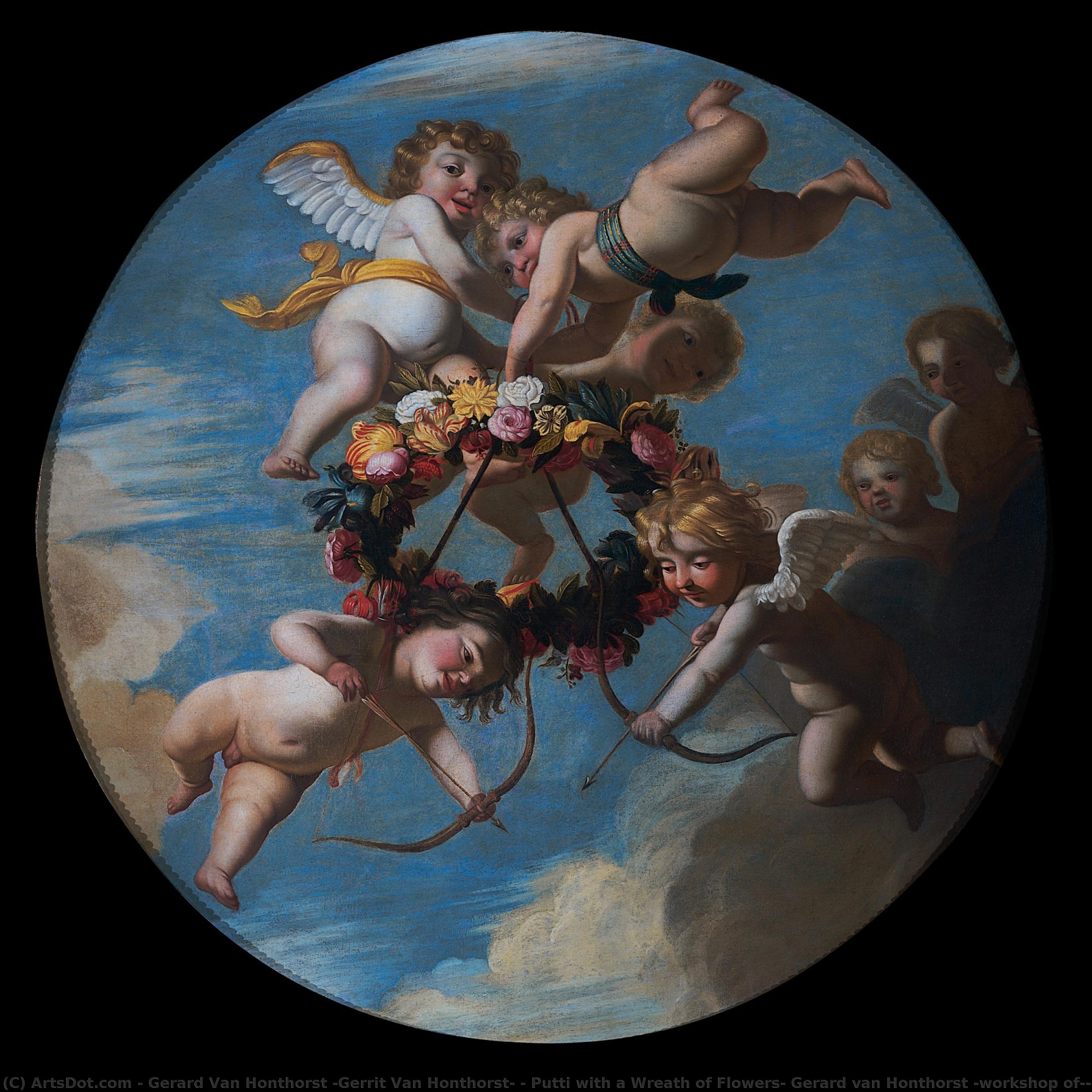 Putti With A Wreath Of Flowers, Gerard Van Honthorst (workshop Of), C. 1650 — Gerard Van Honthorst
