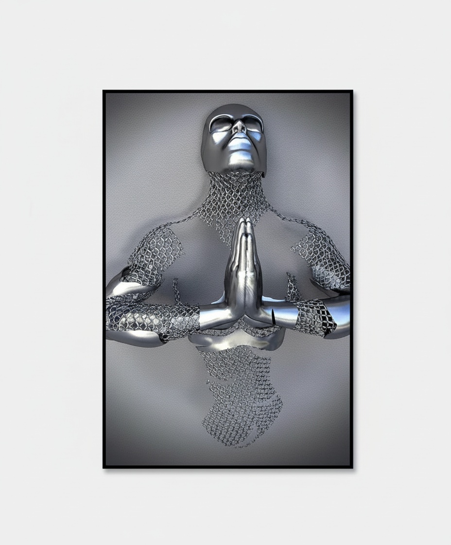 Meditative Figure Canvas Print – Modern Metallic Sculpture