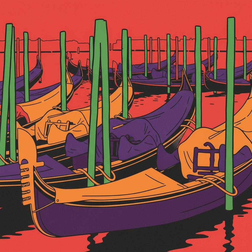 Crimson Horizon: A Monumental Study Of Rhythmic Gondolas And Mint Verticals — Caroline Pelletier