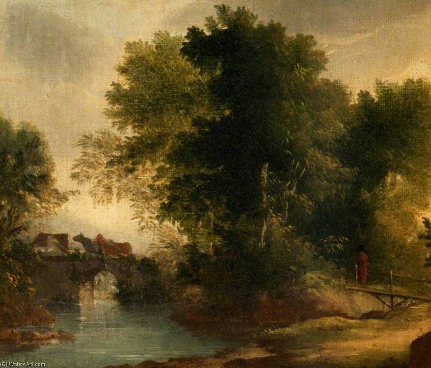 A Wooded River Landscape With A Bridge — Benjamin Barker Ii