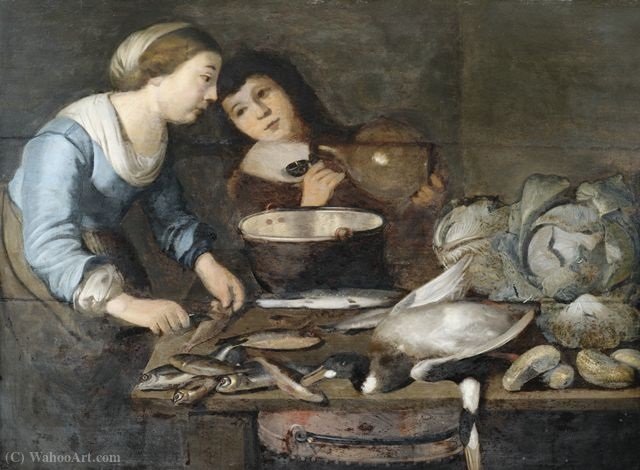 Kitchen Interior With A Pair Of Servants In The Processing Of Fish, On The Worktable Cabbages And A Duck — Pieter Cornelisz Van Rijck