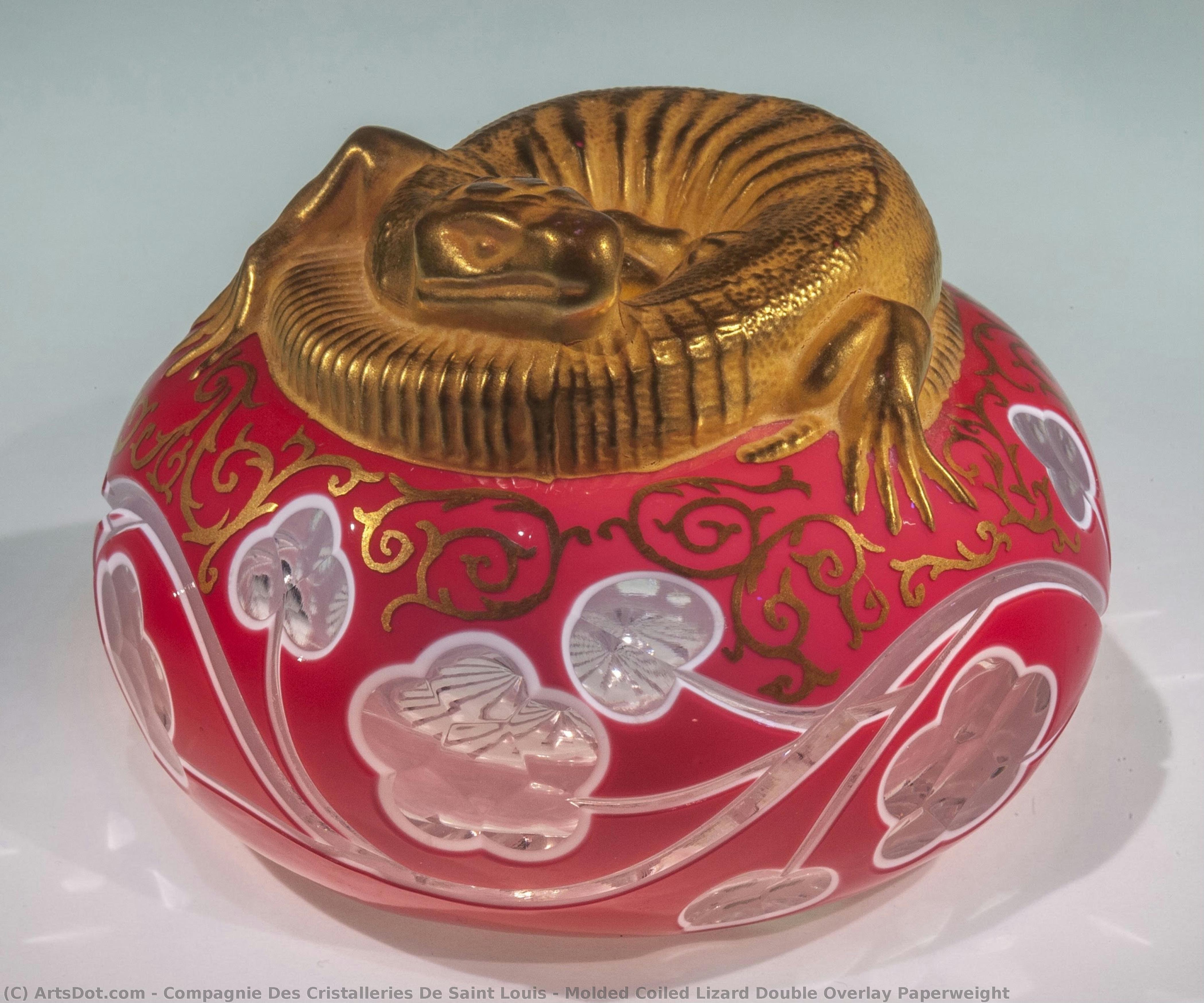 Molded Coiled Lizard Double Overlay Paperweight — Compagnie Des Cristalleries De Saint Louis