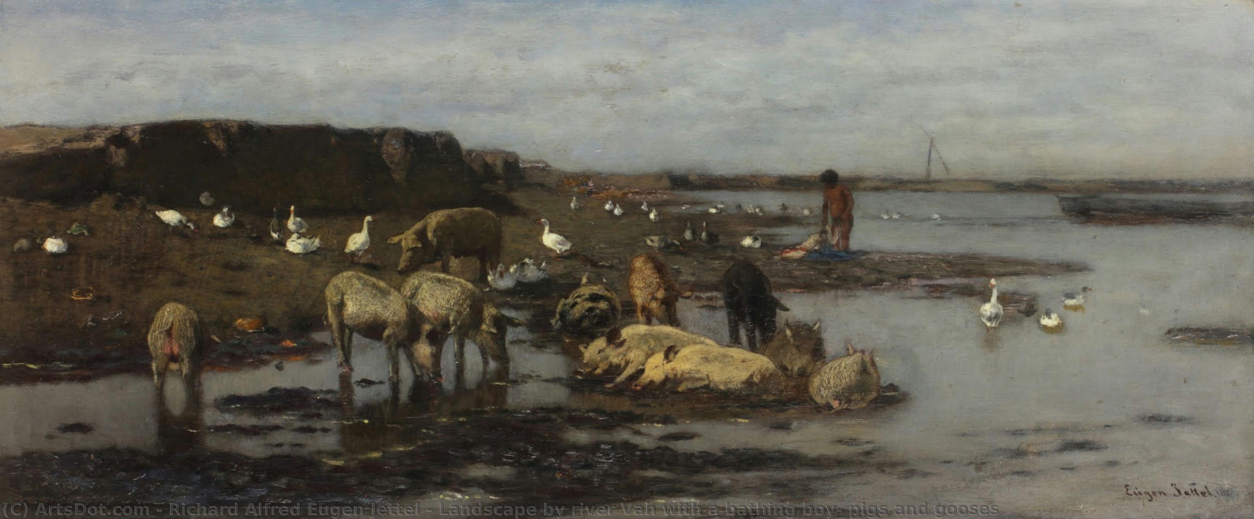 Landscape By River Vah With A Bathing Boy, Pigs And Gooses — Richard Alfred Eugen Jettel