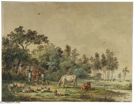 A Wooded Landscape With Peasants And Cattle By A Farm — Pieter Gerardus Van Os