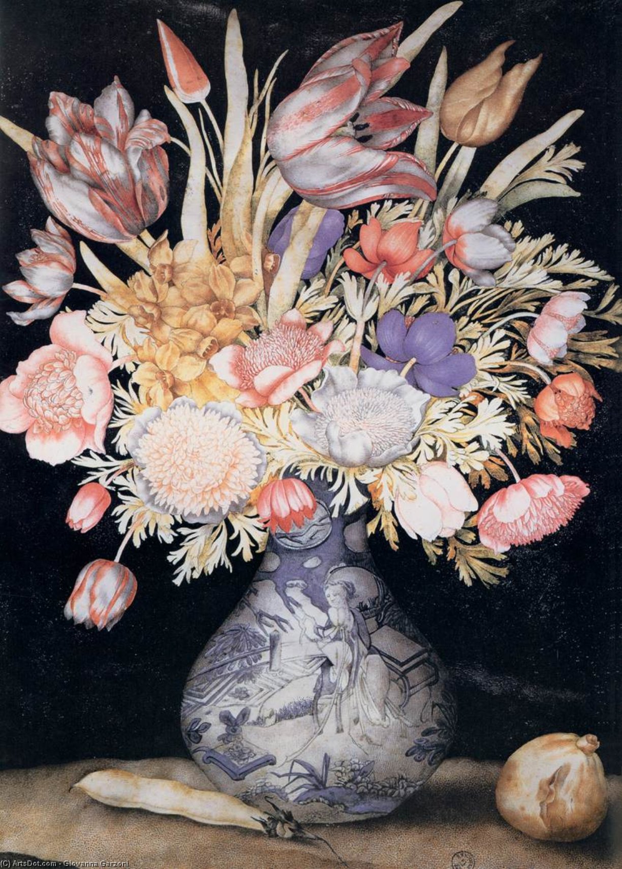 Chinese Vase With Flowers, A Fig, And A Bean — Giovanna Garzoni
