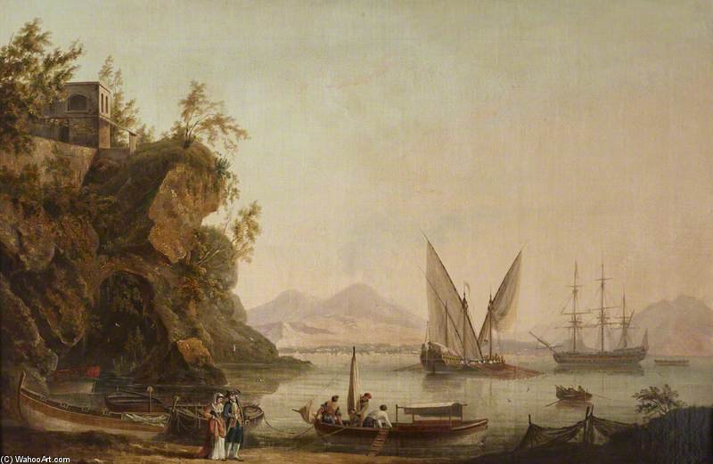 The Beach At Posillipo, Naples, With Figures Walking Along The Shore — John Thomas Serres