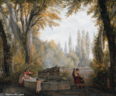 A Park Landscape With Women And Children Beside A Fountain — Abraham-louis-rodolphe Ducros