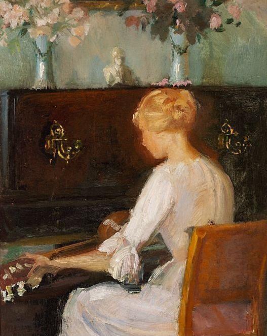 Ung Pige Spiller Guitar Siddende Foran Klaver English Young Woman Playing A Guitar Before A Piano — Anna Kirstine Ancher