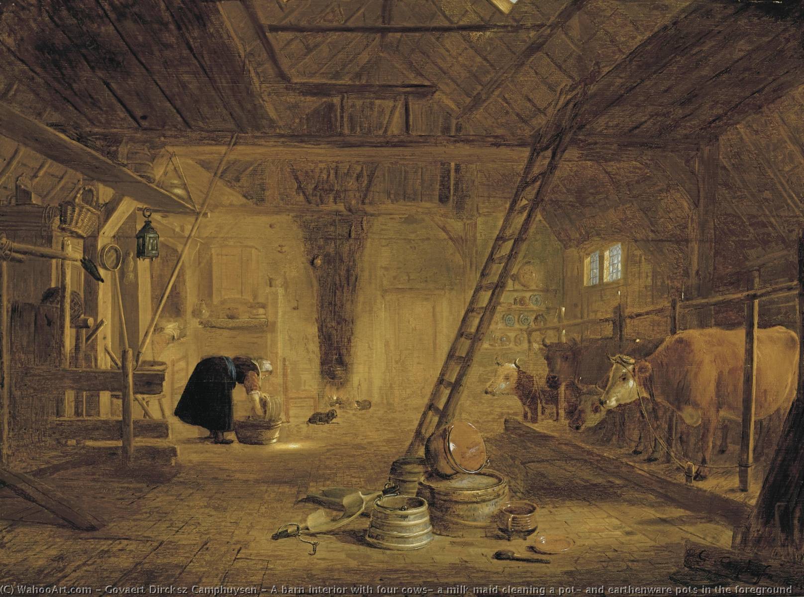 A Barn Interior With Four Cows, A Milk Maid Cleaning A Pot, And Earthenware Pots In The Foreground — Govert Dircksz Camphuysen