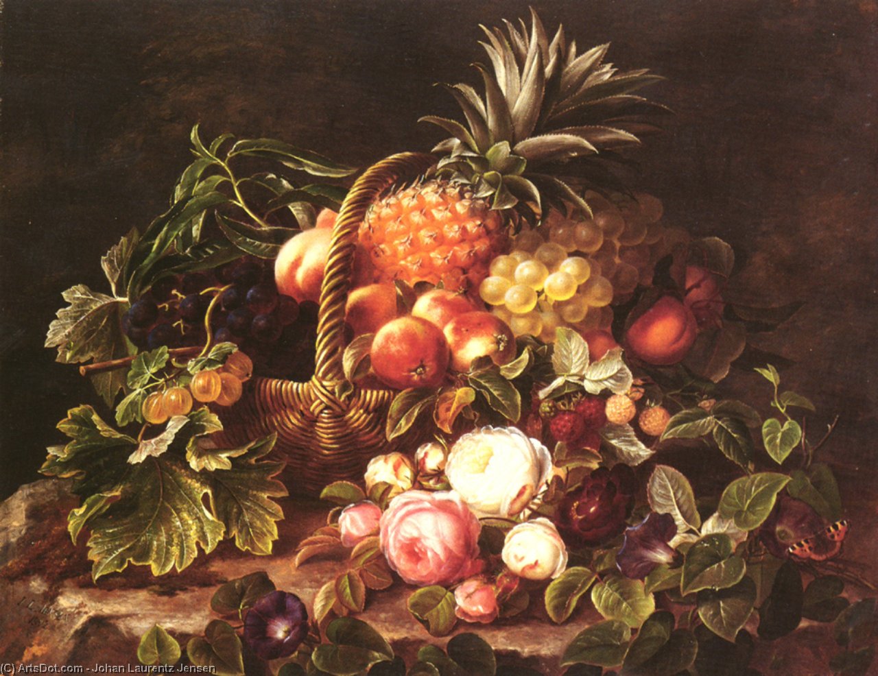 A Still Life Of A Basket Of Fruit And Roses — Johan Laurentz Jensen