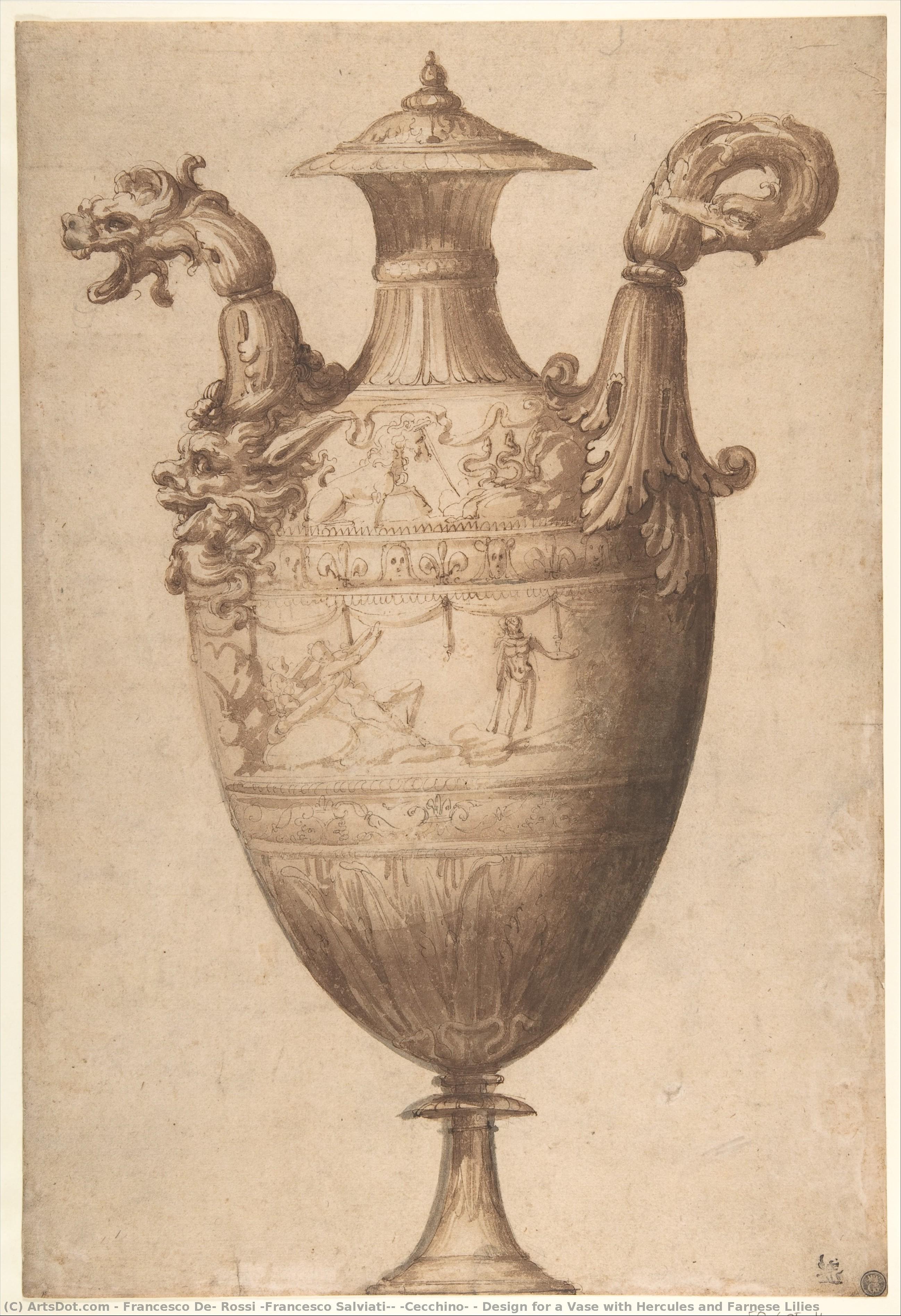 Design For A Vase With Hercules And Farnese Lilies — Francesco De Rossi (francesco Salviati) (cecchino)