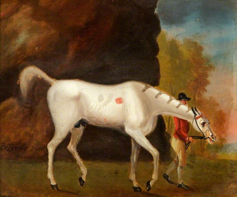 A Jockey In A Red Jacket Leading A Grey Horse — Benjamin Barker I