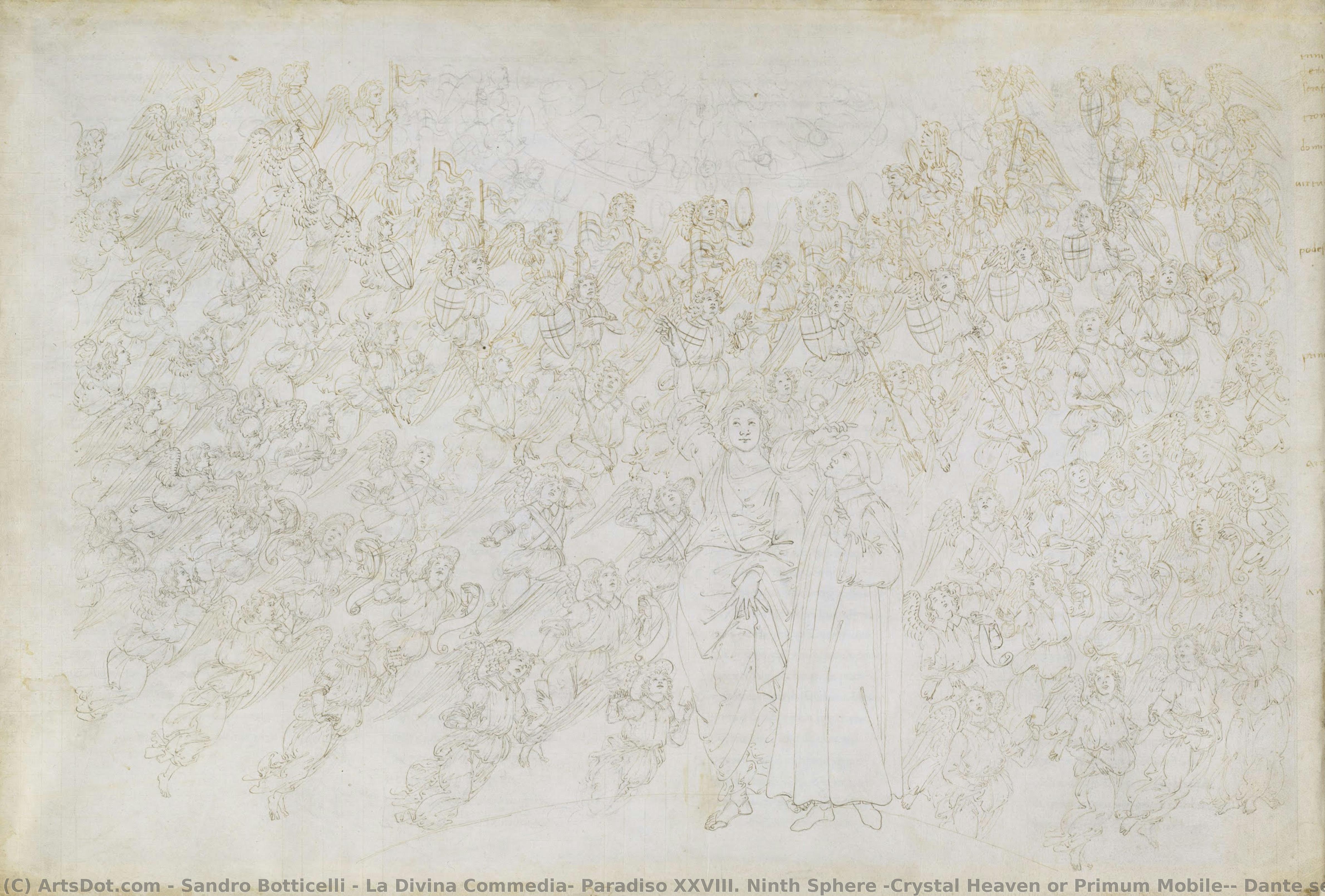La Divina Commedia, Paradiso Xxviii. Neunte Sphäre (kristallener Himmel Oder Primum Mobile): Dante Sieht Gott Als Strahlenden Punkt, Umgeben Von Engelschören; Beatrice Erklärt Die Hierarchie Und Die Kräfte Der Sphäre — Sandro Botticelli