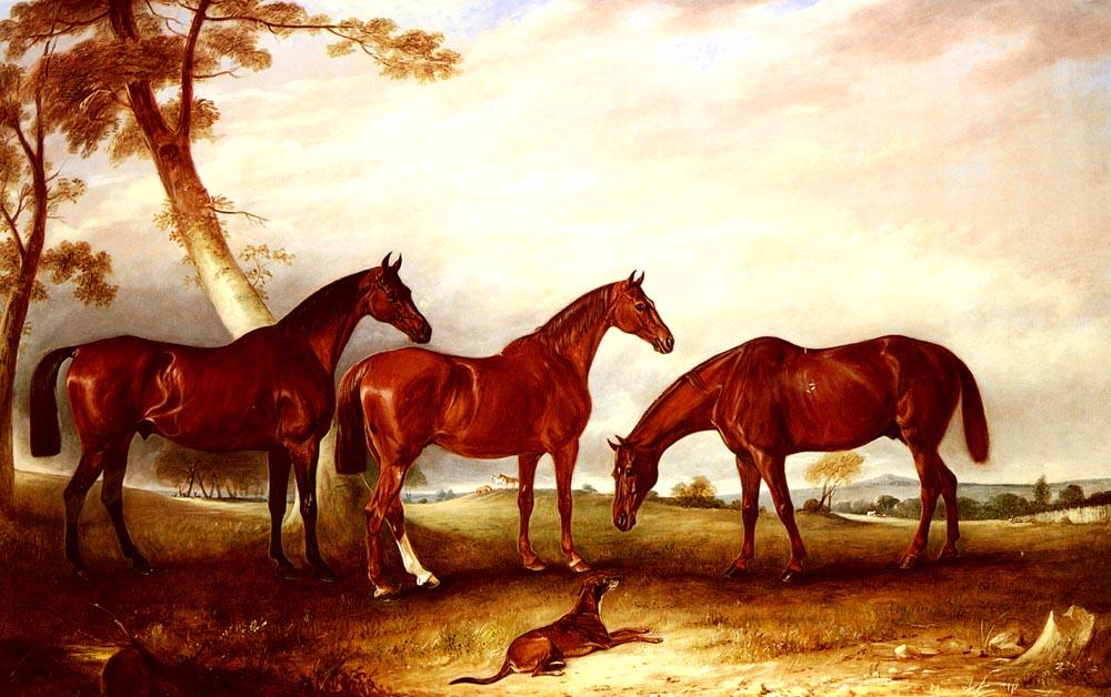 Marvel, Kingfisher And The Lad, Three Hunters Belonging To William Angerstein, In A Field With His Dog Spring — John Ferneley, Snr