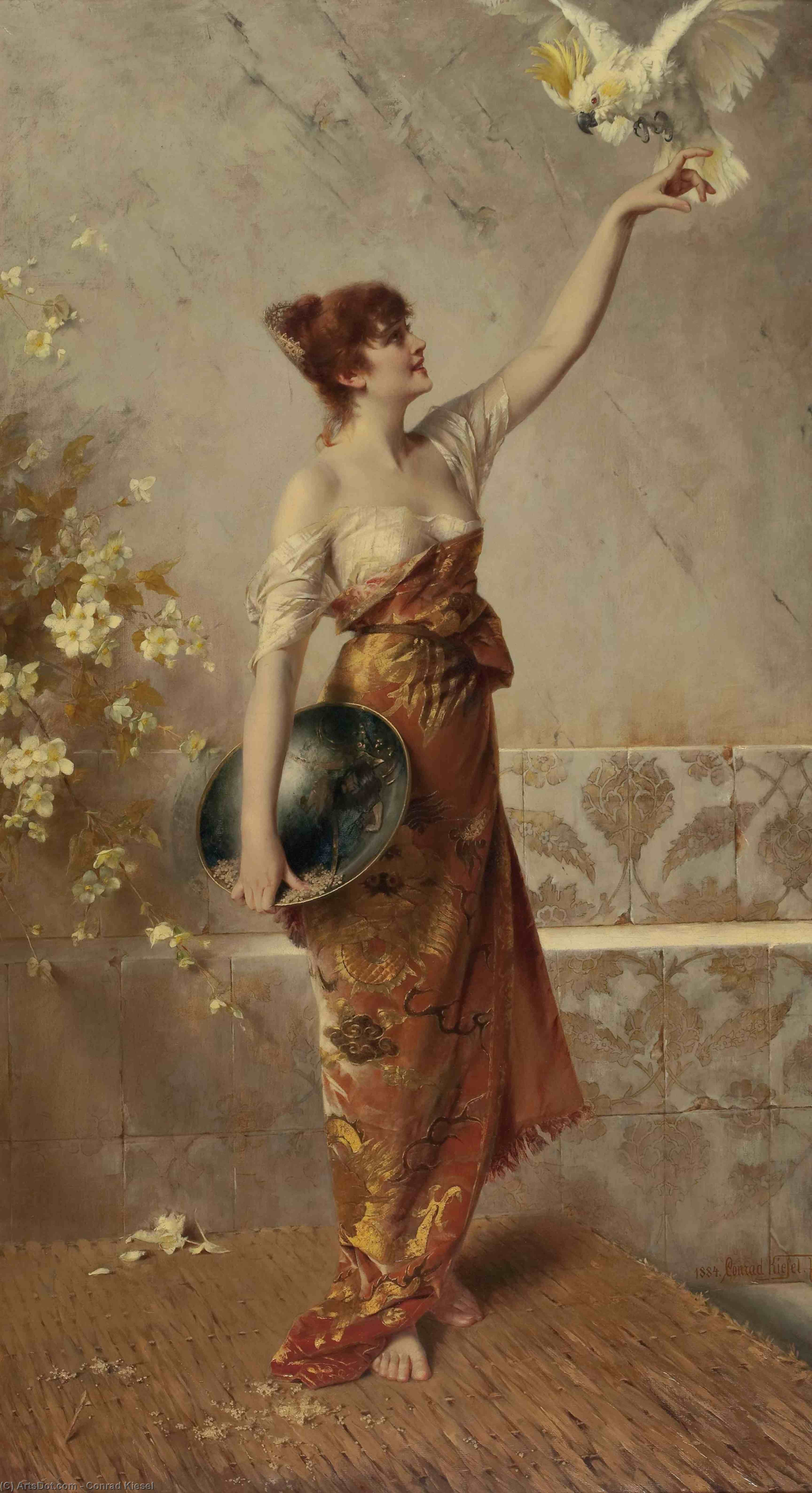Manuela. Standing Young Spanish Woman Lures A Cockatoo On Her Hand. — Conrad Kiesel