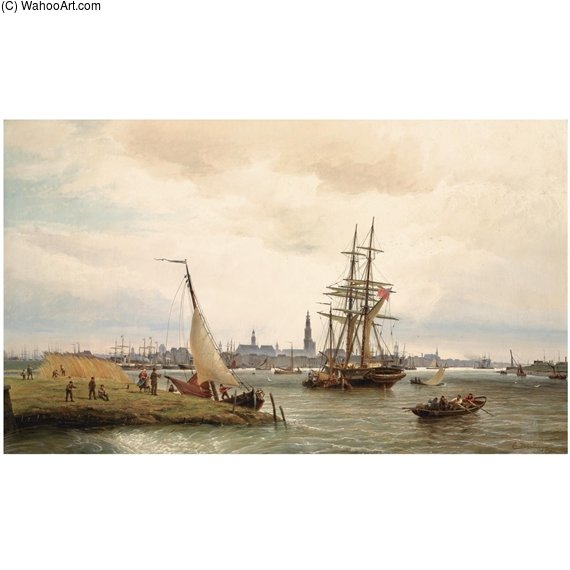 The Harbour Of Antwerp With A View From The Left Bank Over The River Scheldt And The Onze Lieve Vrouw Cathedral In The Background — Cornelis Christiaan Dommelshuizen
