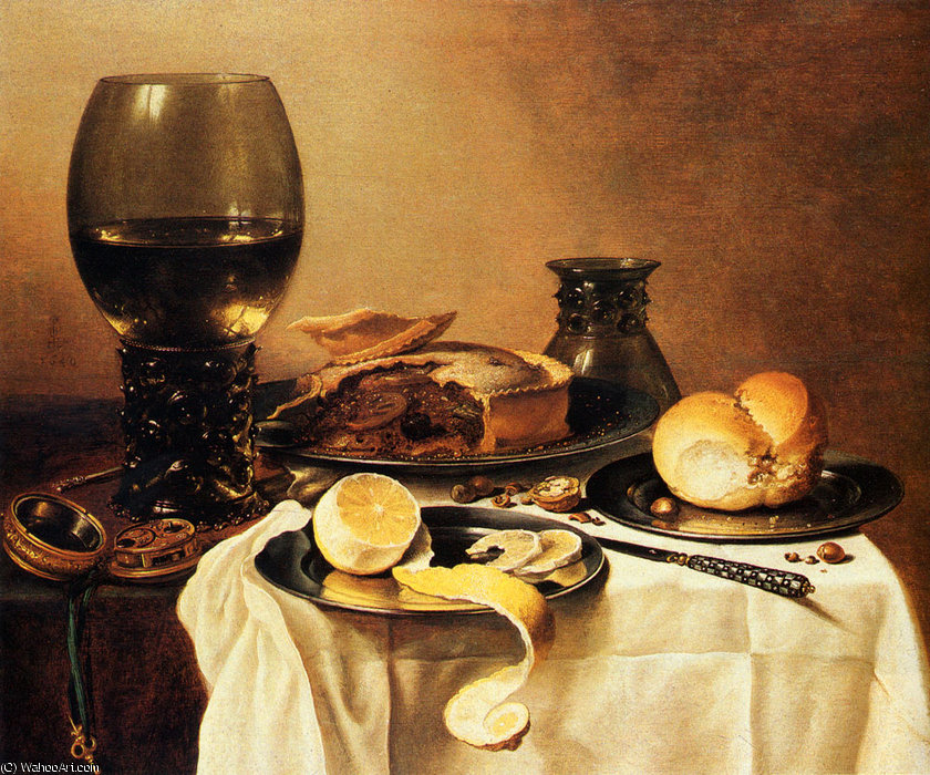 Breakfast Still Life With Roemer Meat Pie Lemon And Bread — Pieter Claesz Soutman