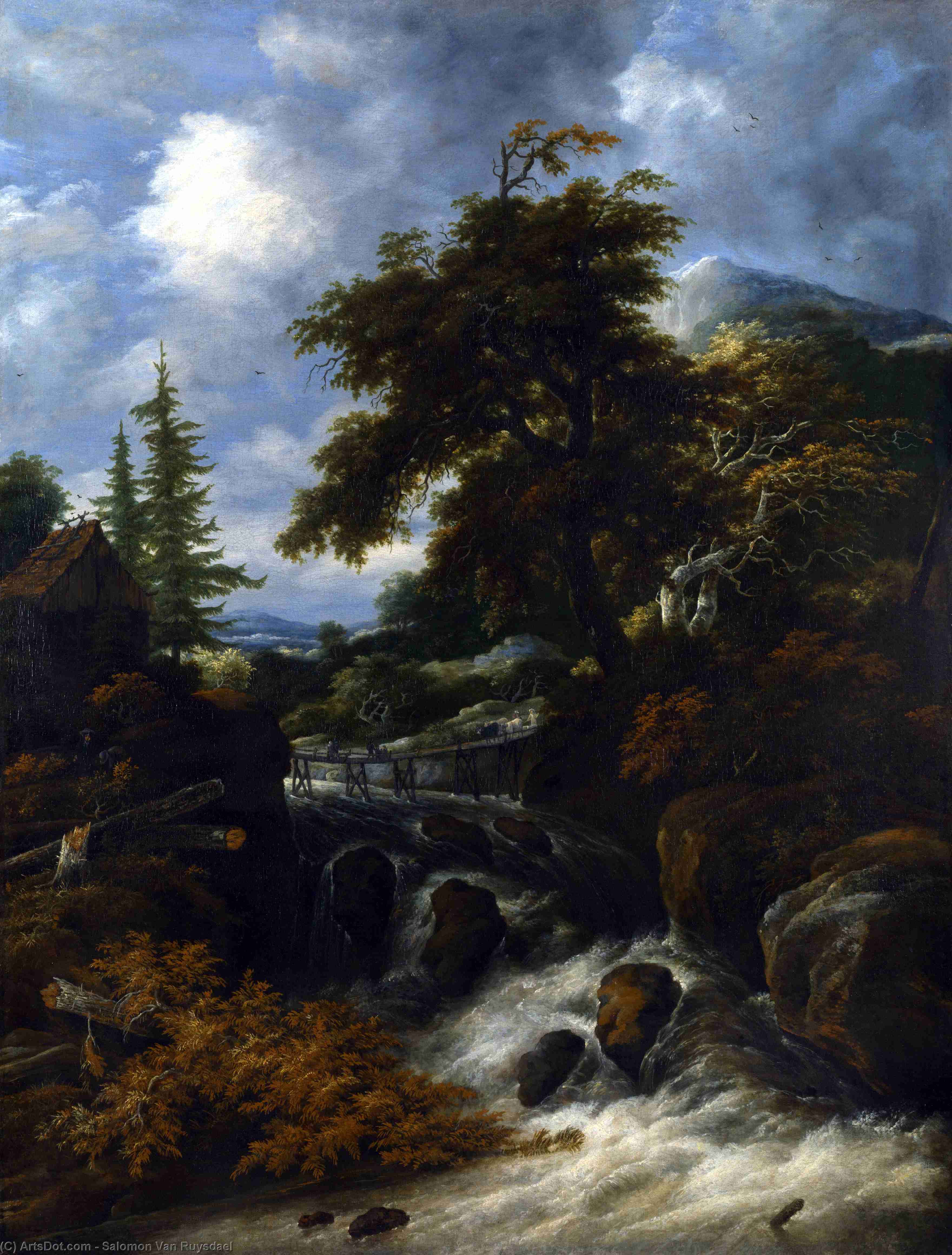 A Waterfall By A Cottage In A Hilly Landscape — Salomon Van Ruysdael