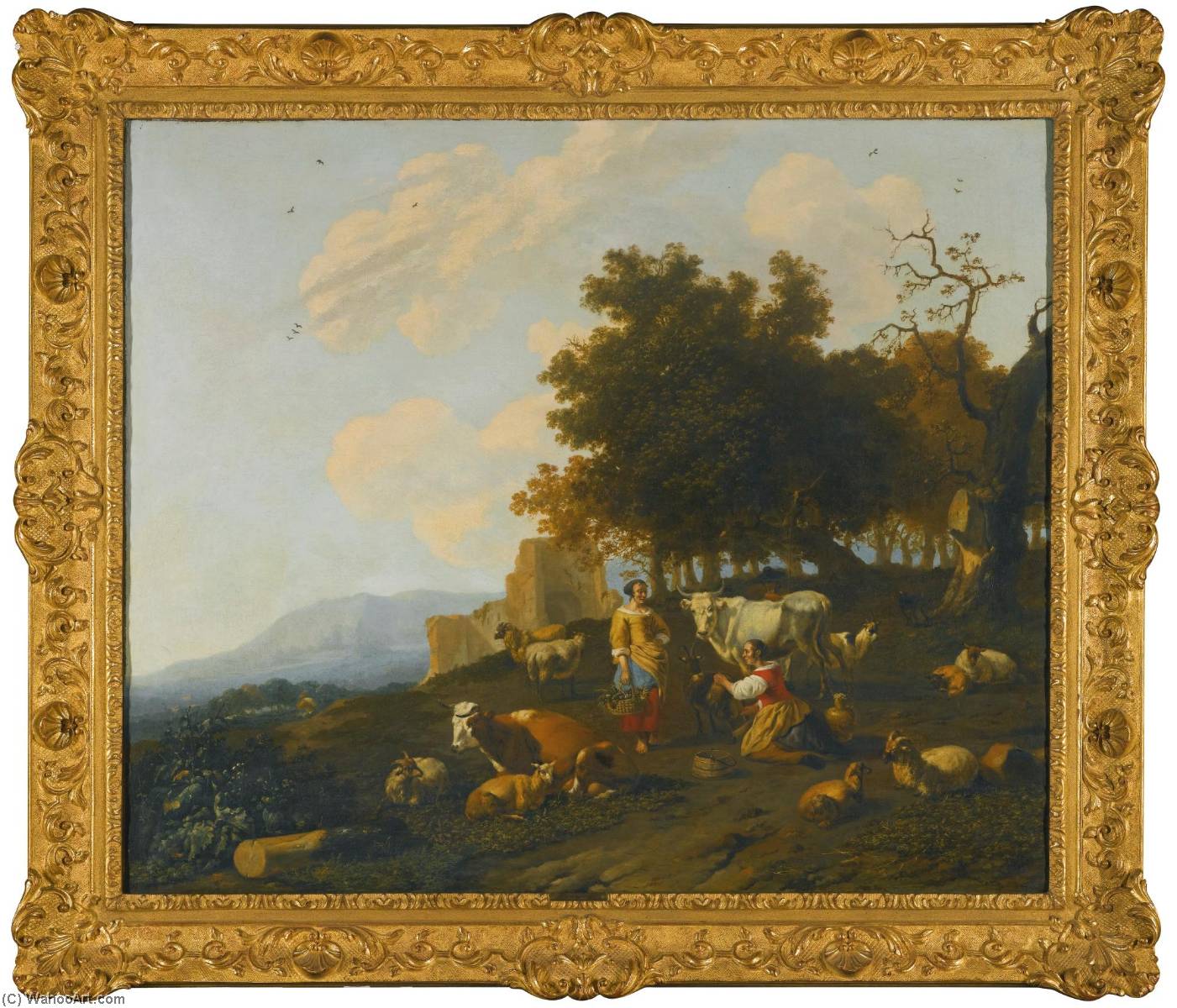 Milkmaids Milking Cattle In A Hilly Landscape With Ruins Beyond — Hendrik Mommers