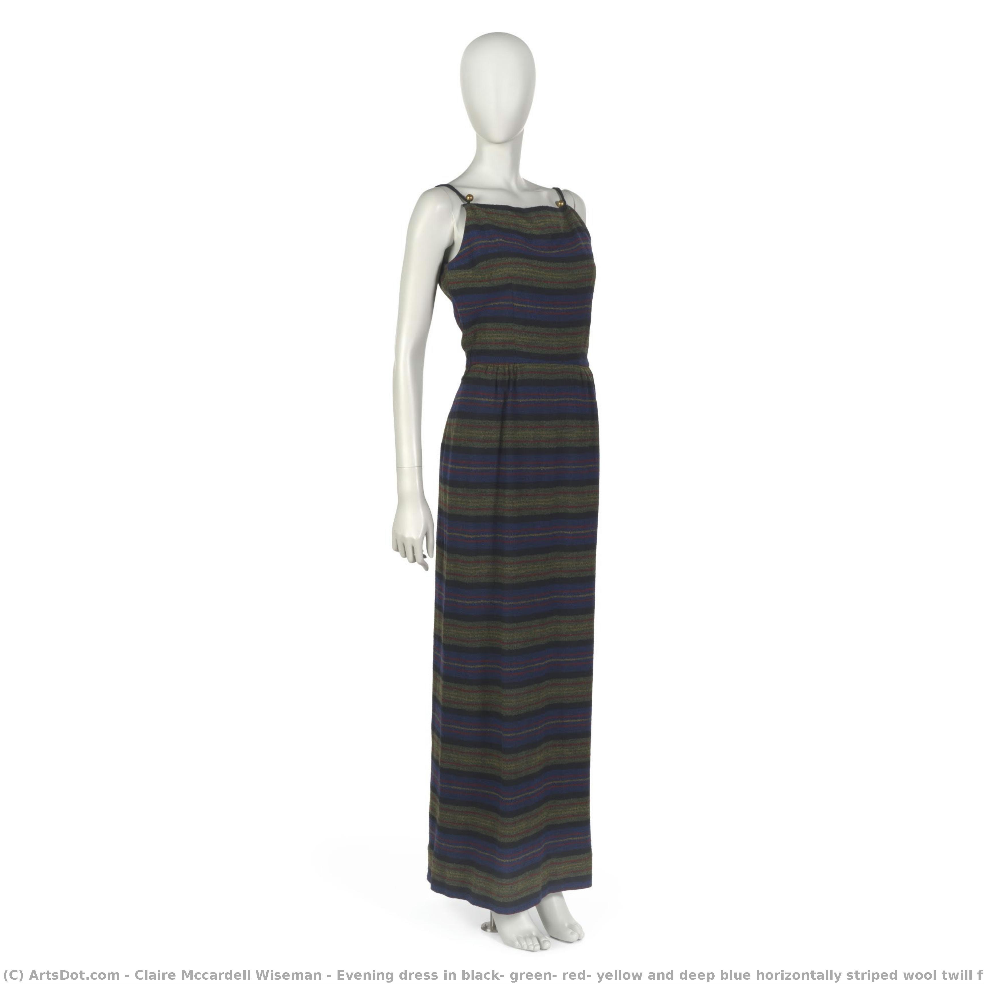Evening Dress In Black, Green, Red, Yellow And Deep Blue Horizontally Striped Wool Twill Flannel — Claire Mccardell Wiseman