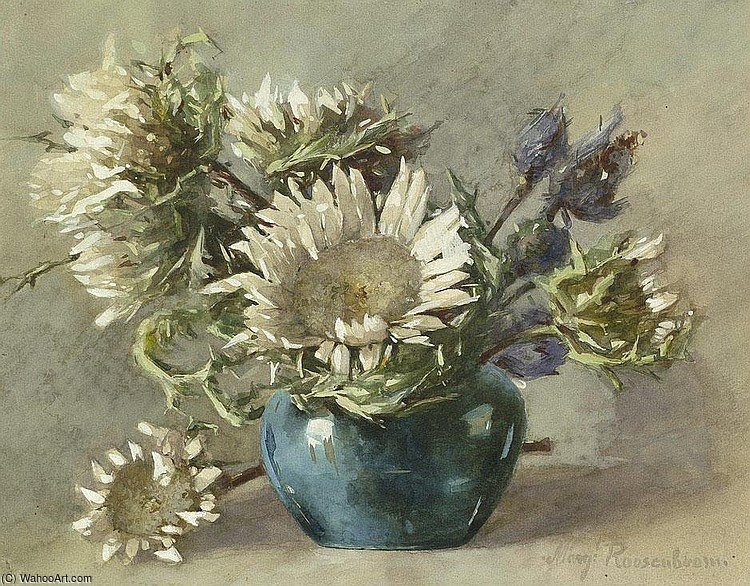 Disteln In Blauer Vase. Aquarell Auf — Margaretha Roosenboom