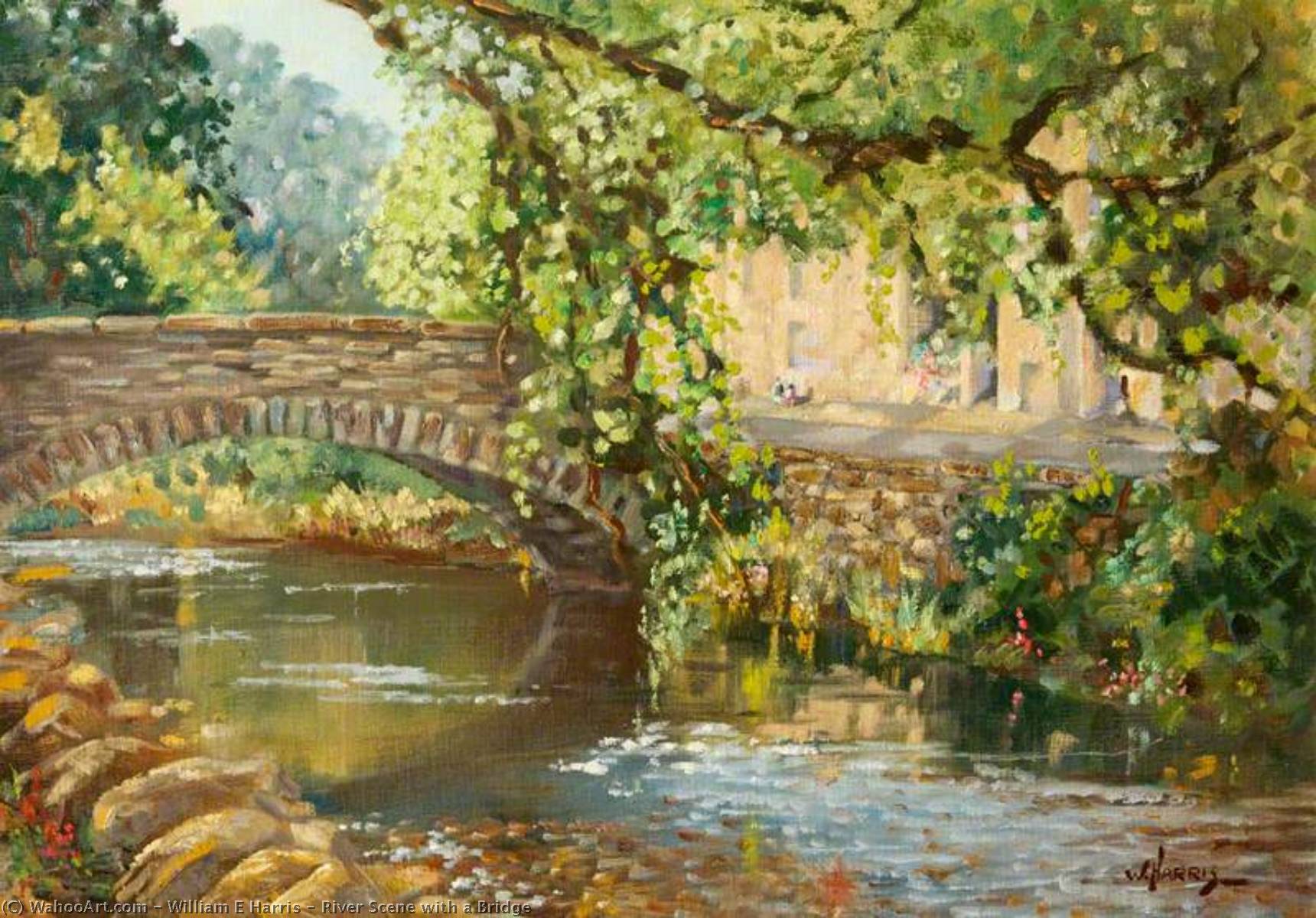 River Scene With A Bridge — William E Harris