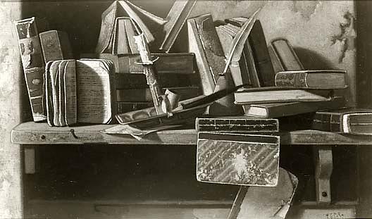 Candlestick, Pipe, Inkwell And Books On Shelf, (painting) — John Frederick Peto