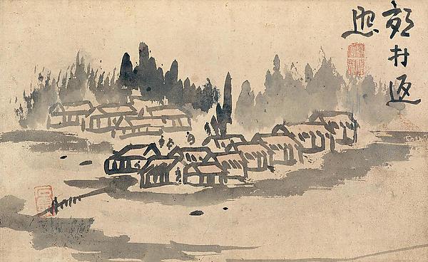 Evening Glow In A Mountain Village And Calligraphy — Ike Taiga