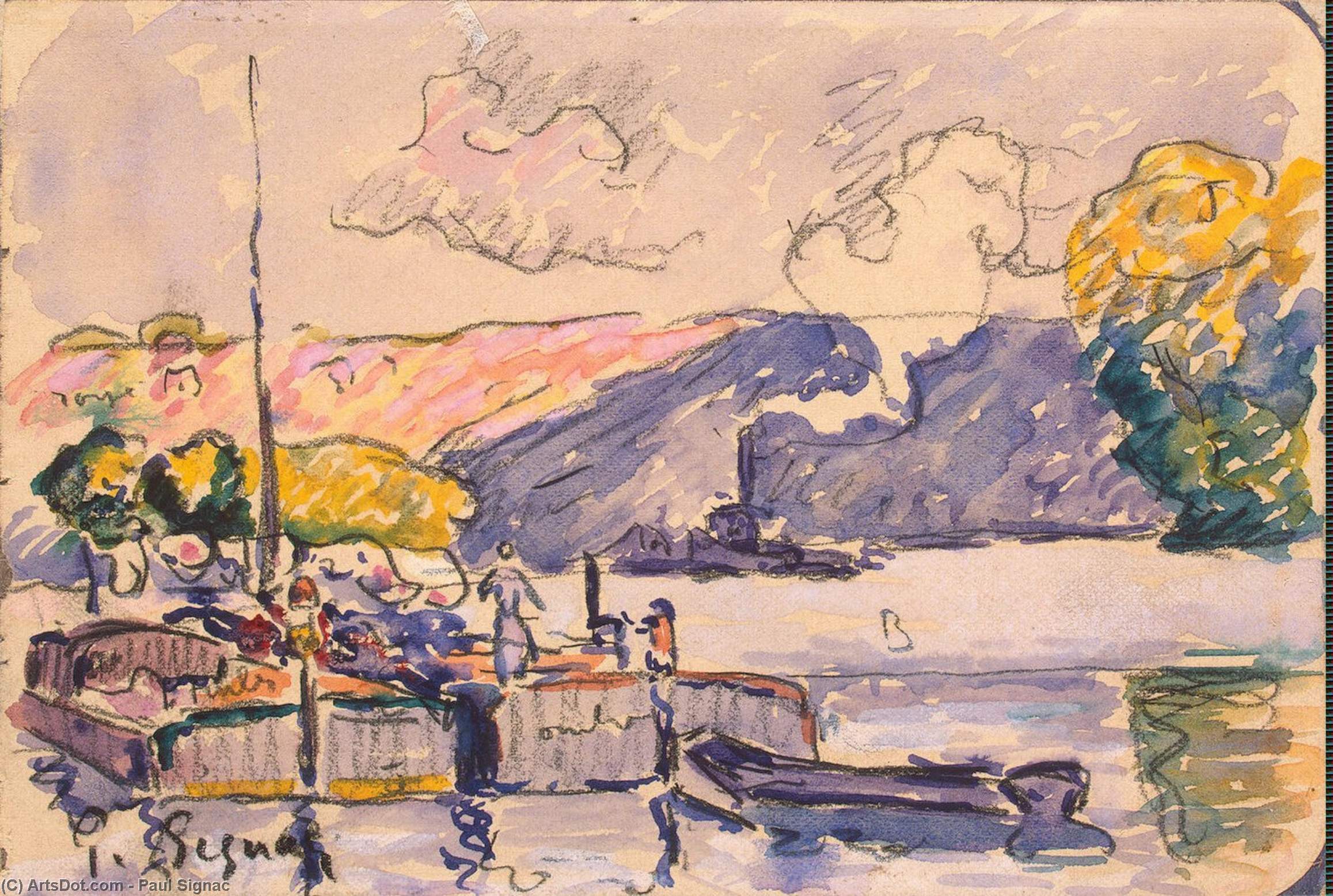 Two Barges, Boat, And Tugboat In Samois — Paul Signac