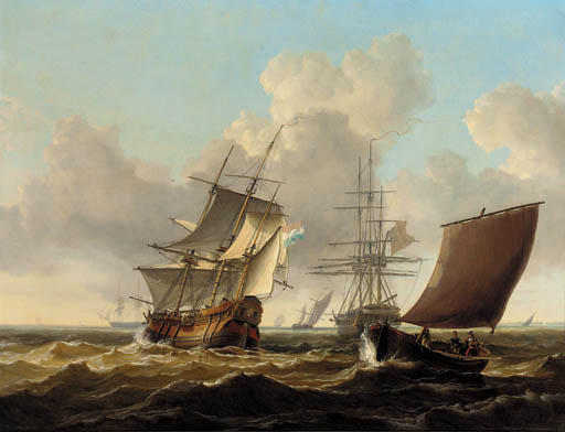 A Dutch Merchantman And Other Shipping Passing A British Frigate Anchored Off The Dutch Coast — Charles Martin Powell