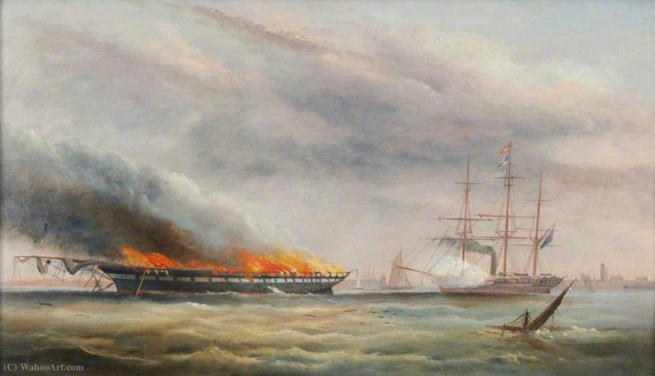 The Frigate Hms 'falcon' Attempting To Sink By Shelling The Burning Hulk Of The Troop Transport, 'eastern Monarch' — Arthur Wellington Fowles