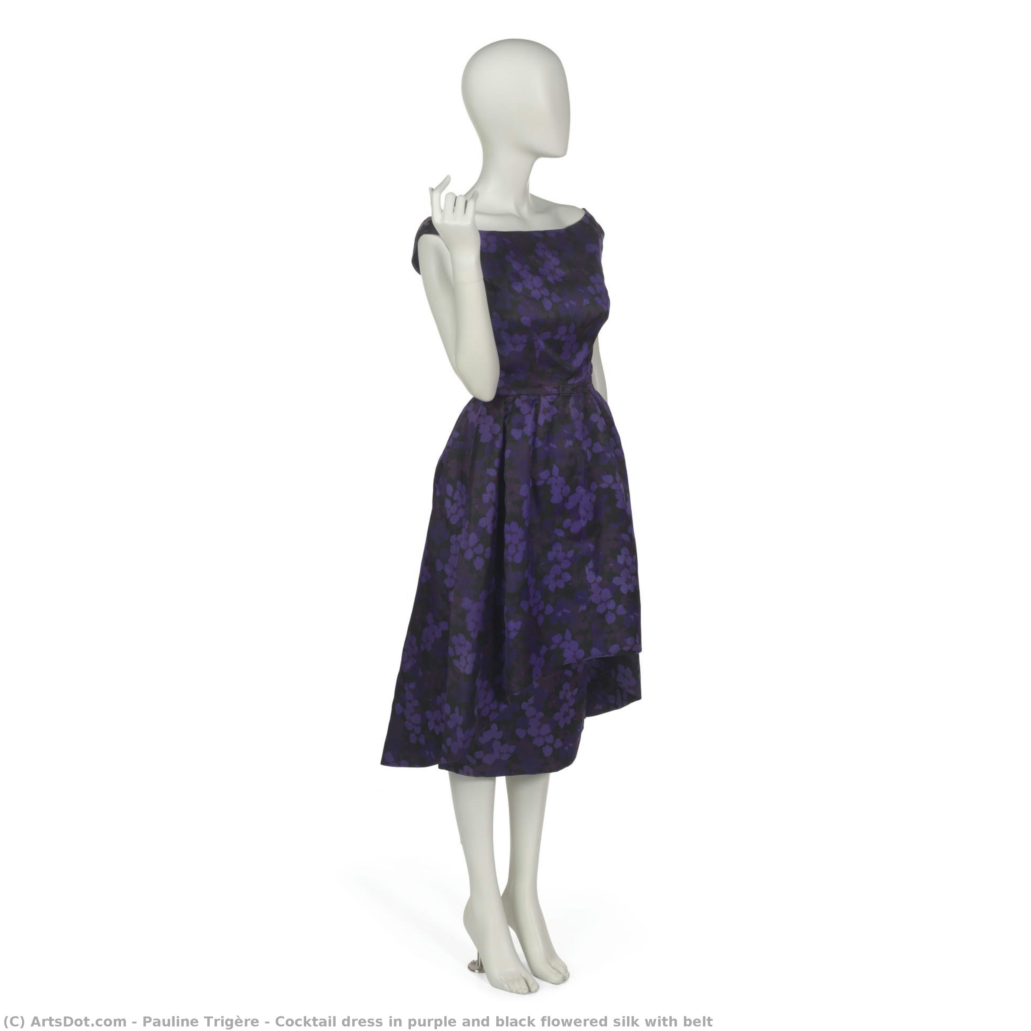 Cocktail Dress In Purple And Black Flowered Silk With Belt — Pauline Trigère