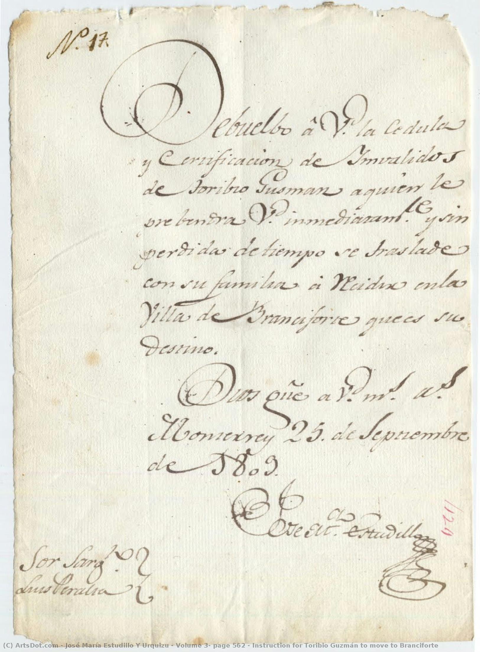 Volume 3, Page 562 / Instruction For Toribio Guzmán To Move To Branciforte — José María Estudillo Y Urquizu