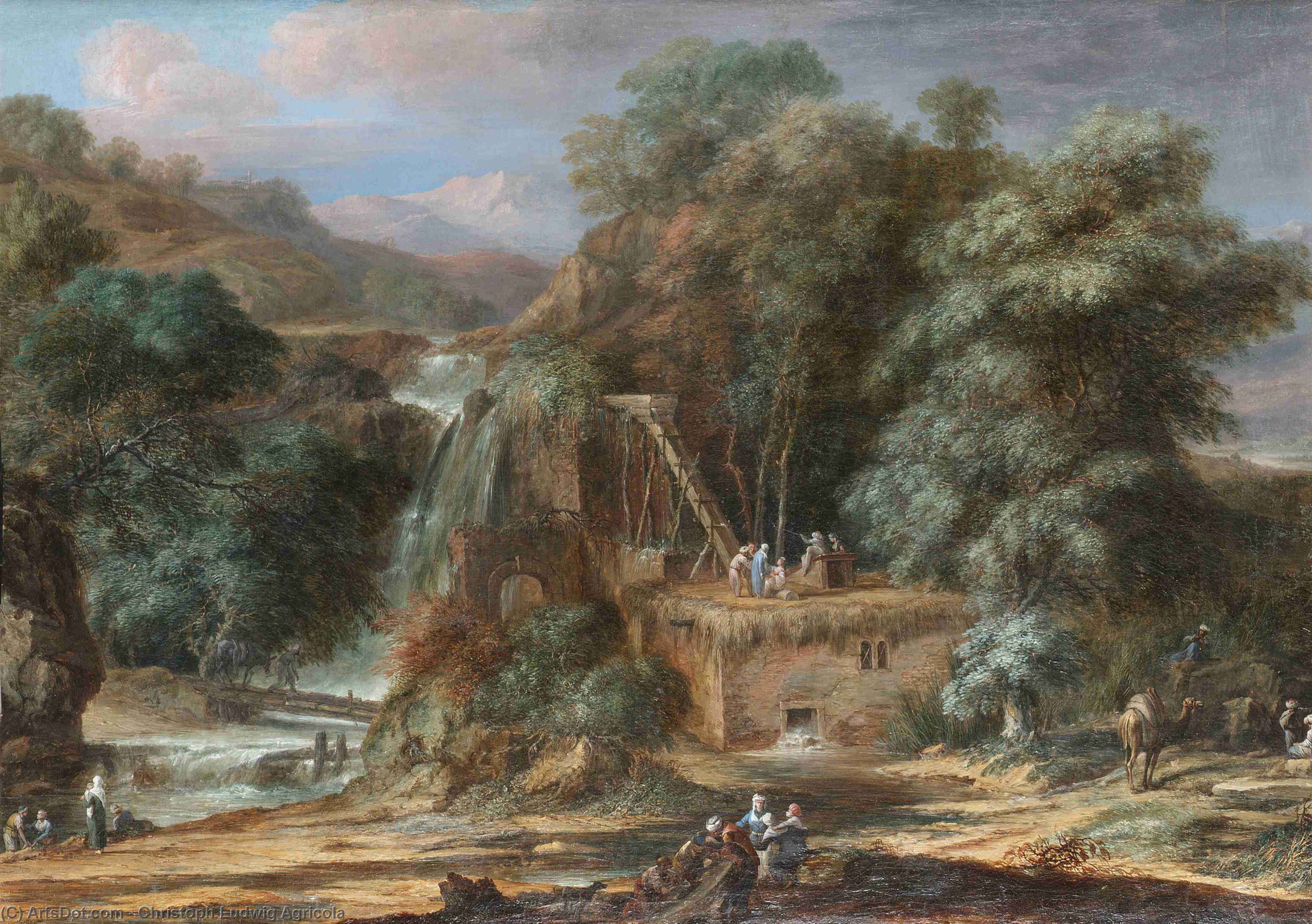 A River Landscape With Figures Constructing An Aqueduct Beside Waterfalls, Oriental Figures And Camels Nearby — Christoph Ludwig Agricola