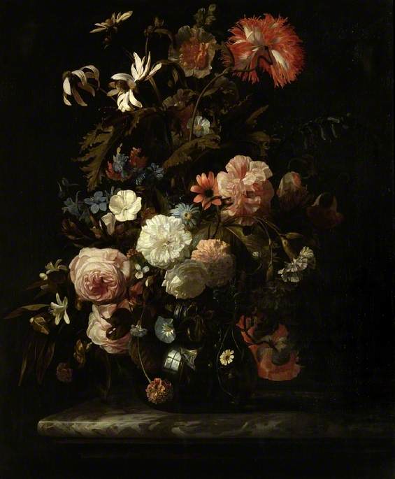 Glass Vase Of Mixed Flowers On A Marble Ledge — Simon Pietersz Verelst