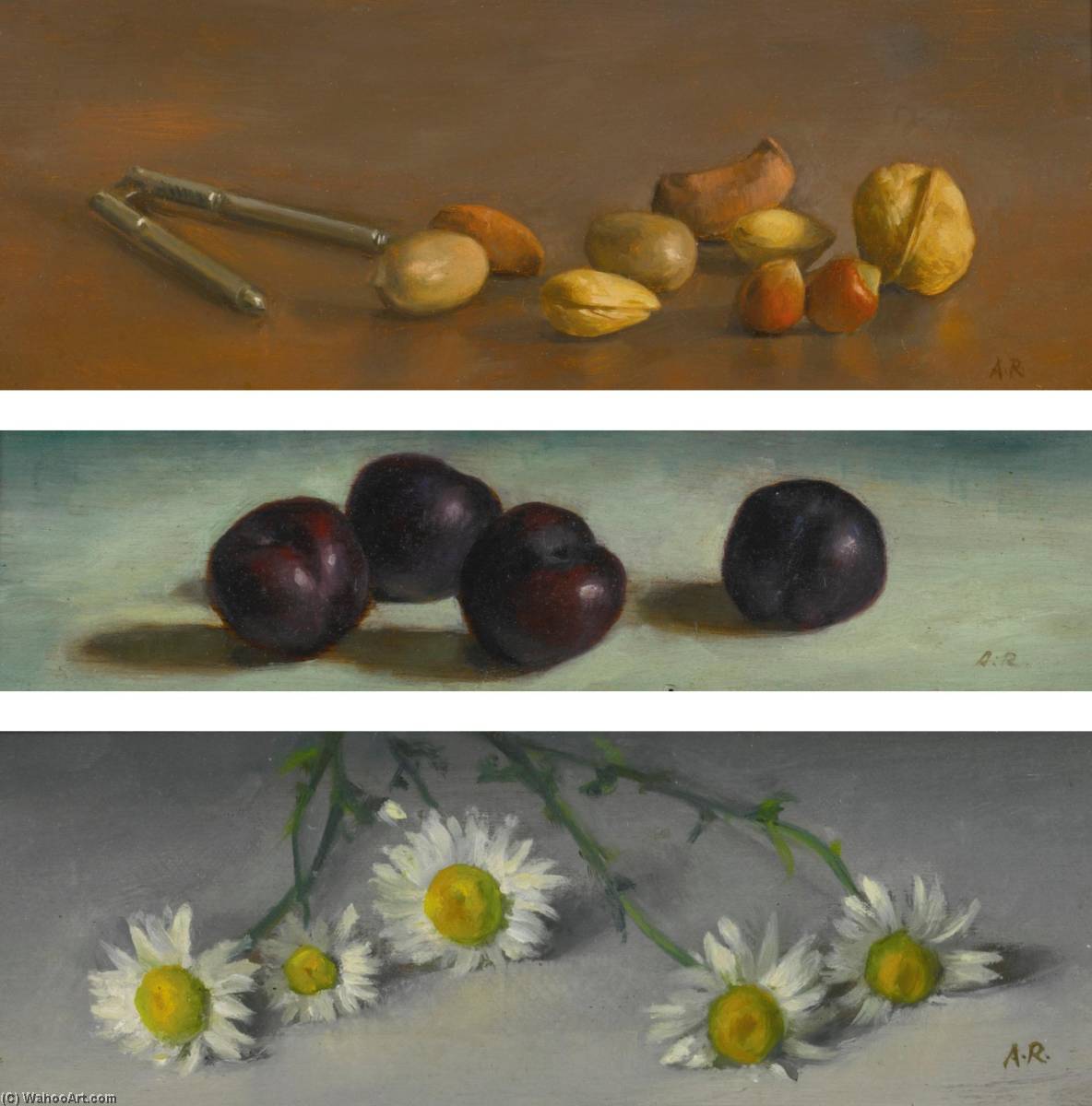 Mixed Nuts And Nutcracker, Still Life Of Plums And Small Daisies Three Paintings — Alvin Ross