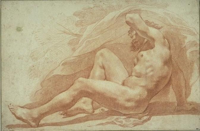 Bearded Man, Naked, Half-lying, Leaning On The Right Arm. — Pietro Da Cortona