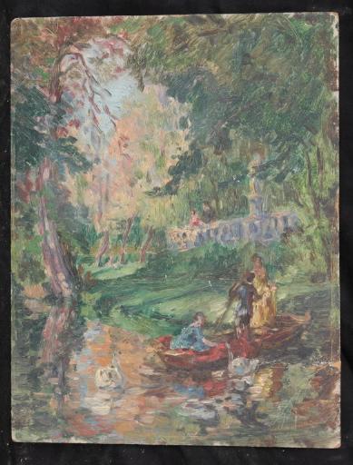 Personnages Dans Des Barques Sur Une Rivière Avec Des Cygnes — Valentine Reyre