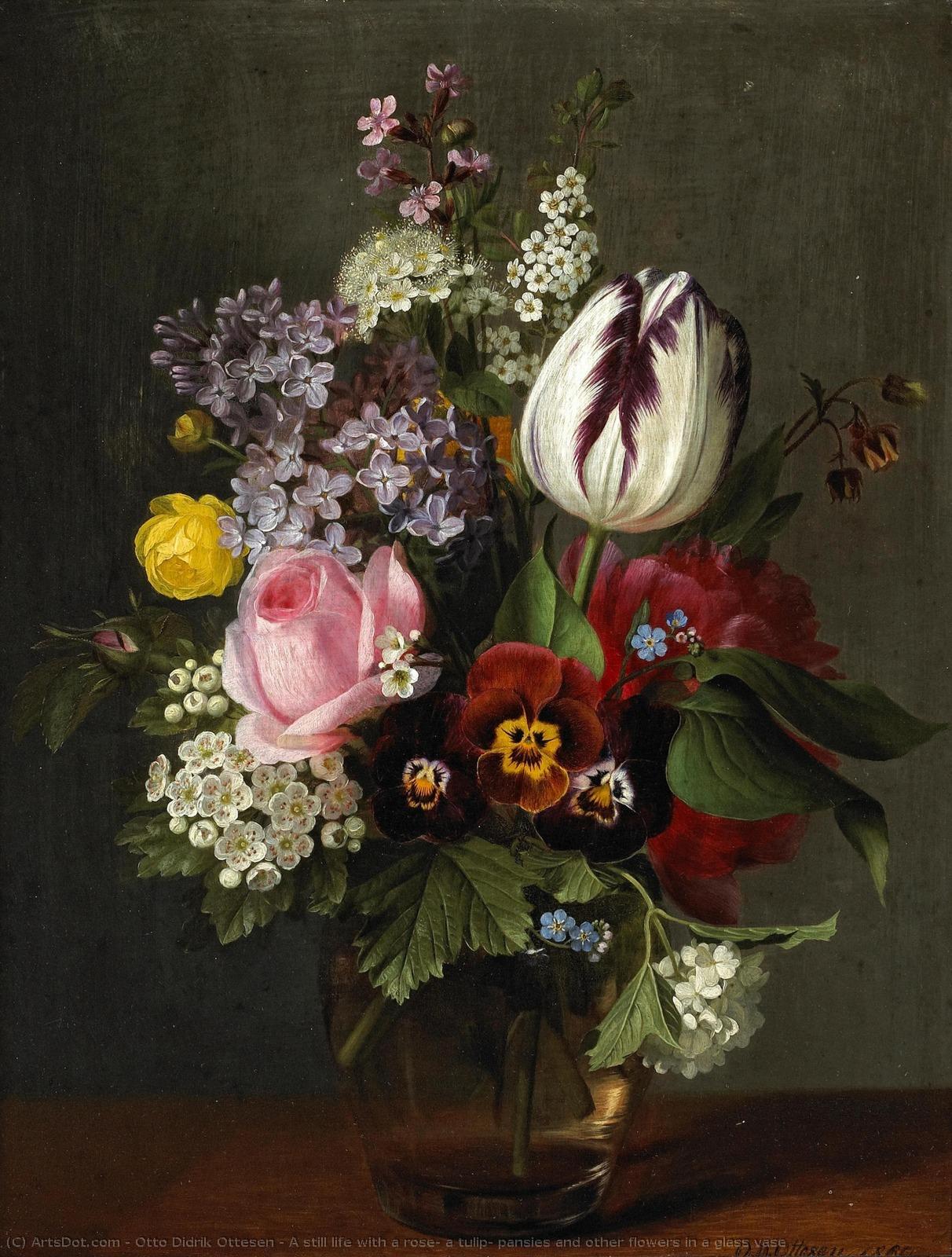 A Still Life With A Rose, A Tulip, Pansies And Other Flowers In A Glass Vase — オット・ディドリク・オッテセン