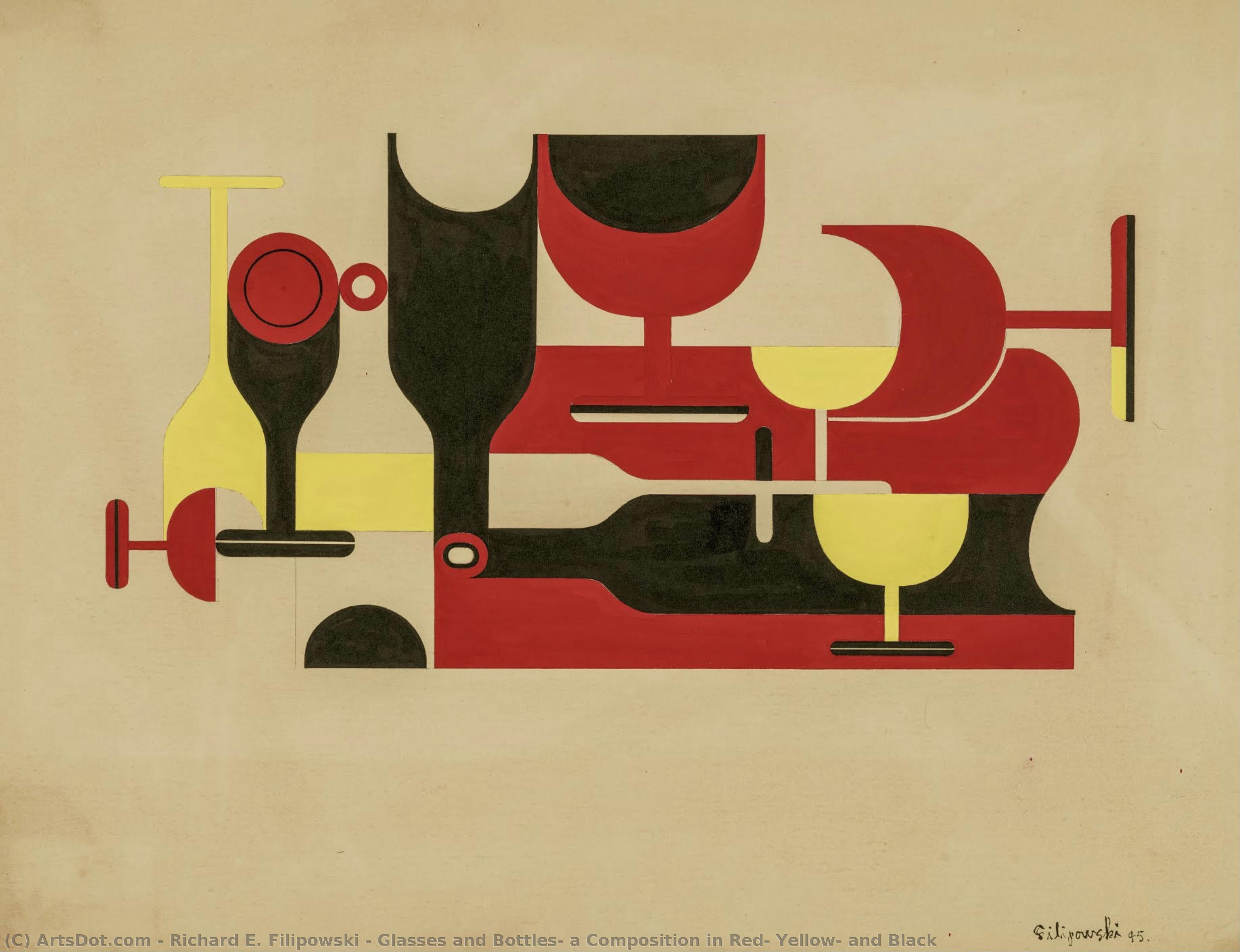 Glasses And Bottles, A Composition In Red, Yellow, And Black — Richard E. Filipowski